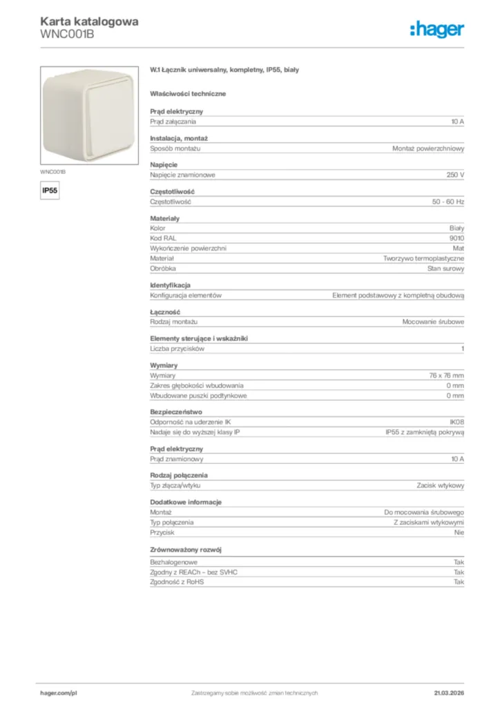 Zdjęcie Hager Karta katalogowa WNC001B | Hager Polska