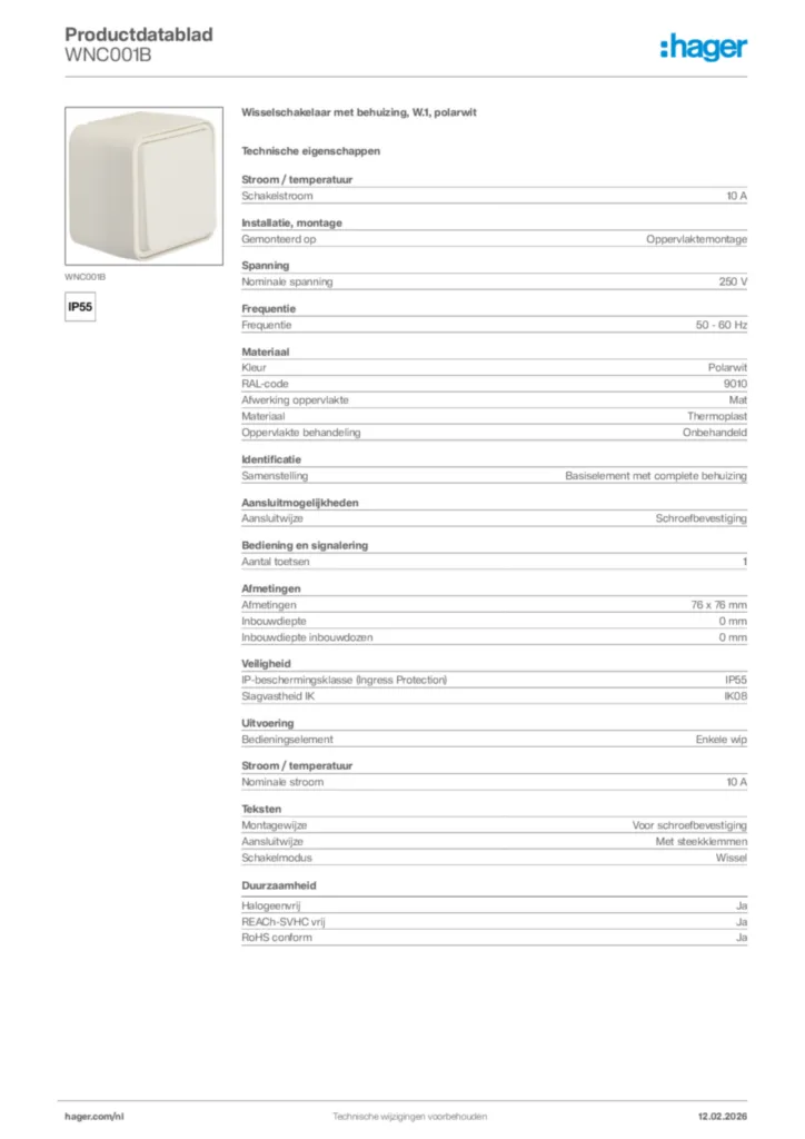 Afbeelding Hager Productdatablad WNC001B | Hager Nederland