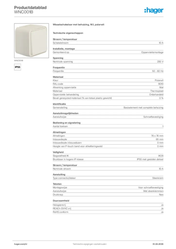 Afbeelding Hager Productdatablad WNC001B | Hager Nederland