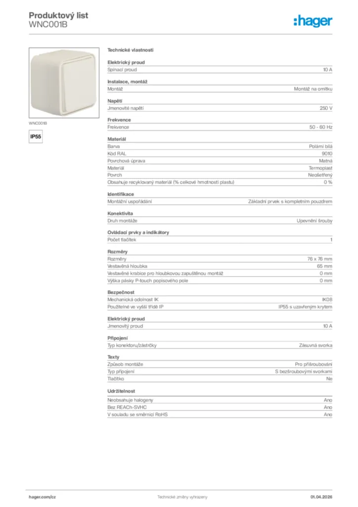 Obrázek Hager Product data sheet WNC001B | Hager