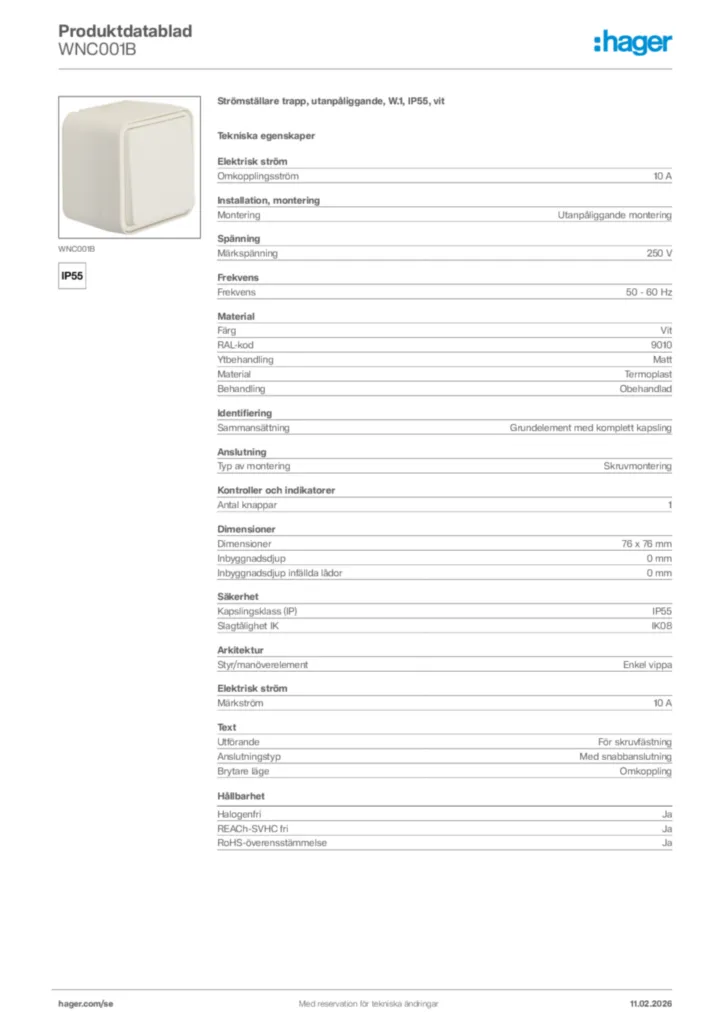Bild Hager Produktdatablad WNC001B | Hager Sverige