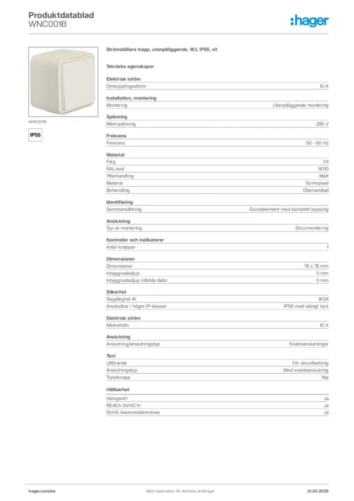 Bild Hager Produktdatablad WNC001B | Hager Sverige
