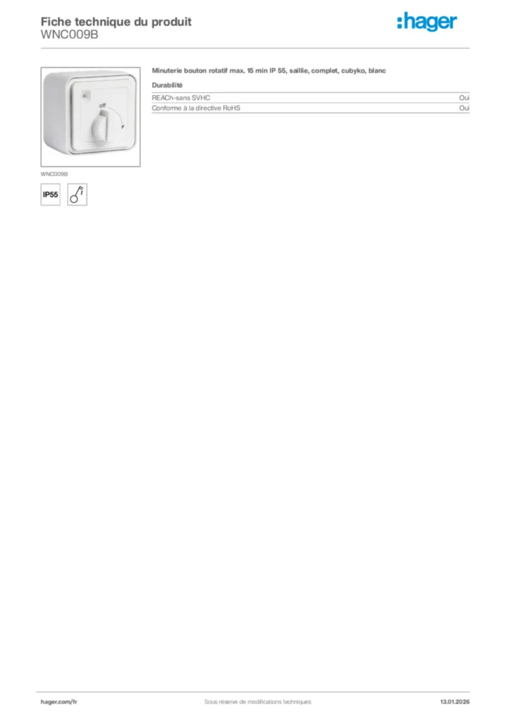 Image Hager Fiche technique du produit WNC009B | Hager France