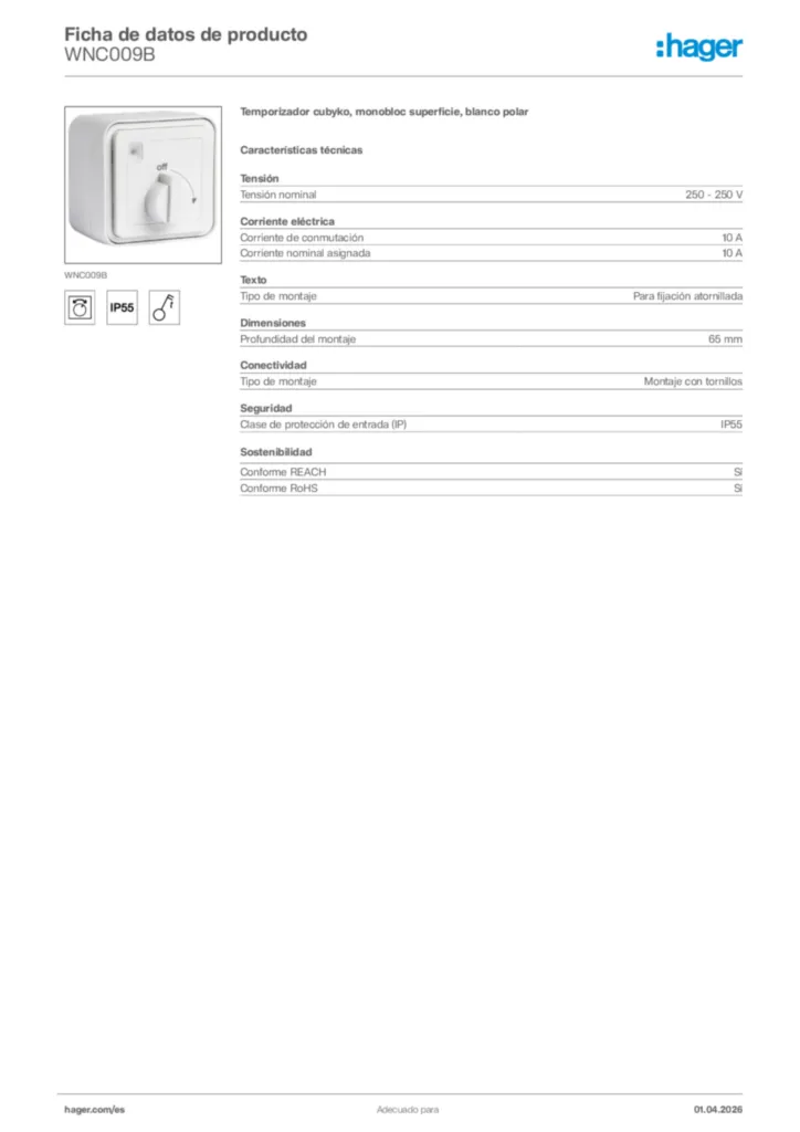 Imagen Hager Ficha de datos de producto WNC009B | Hager España
