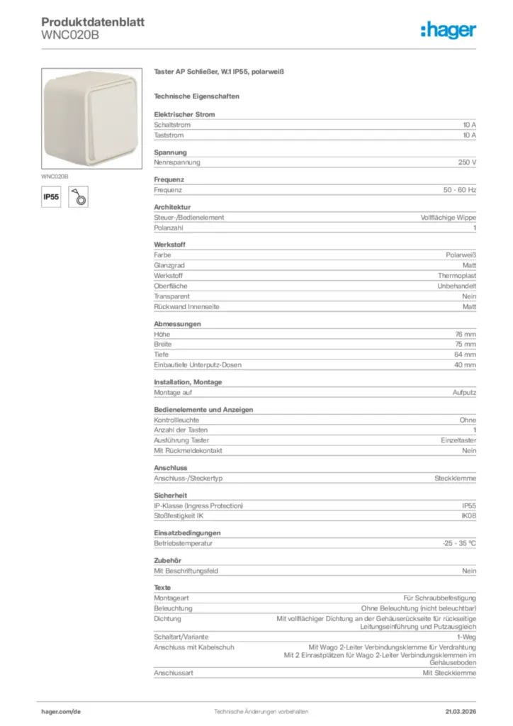 Bild Hager Produktdatenblatt WNC020B | Hager Deutschland