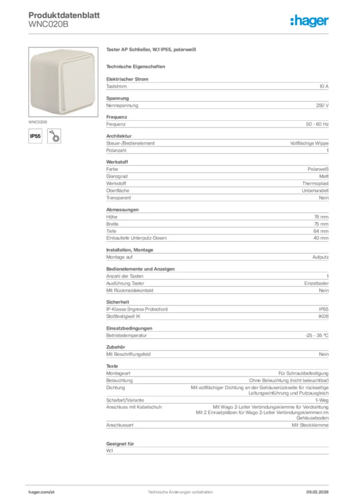 Bild Hager Produktdatenblatt WNC020B | Hager Deutschland