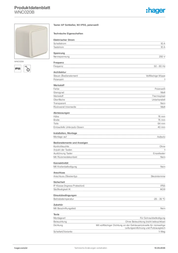 Bild Hager Produktdatenblatt WNC020B | Hager Deutschland