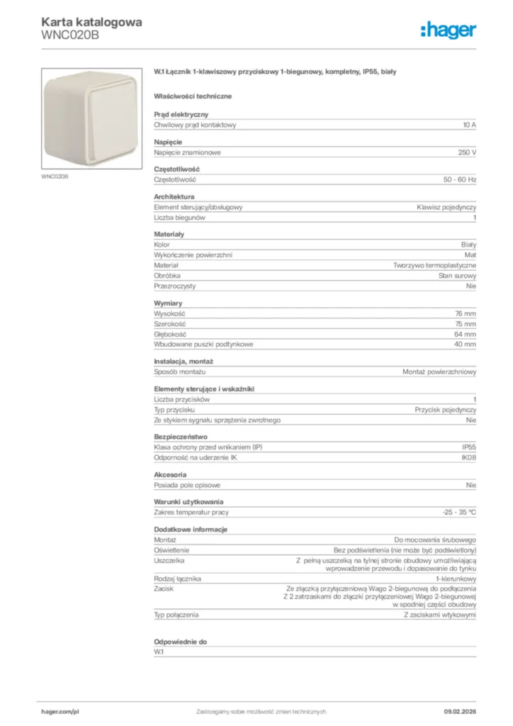 Zdjęcie Hager Karta katalogowa WNC020B | Hager Polska