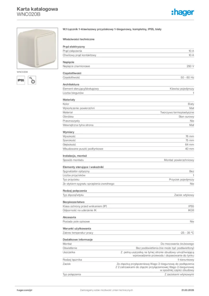 Zdjęcie Hager Karta katalogowa WNC020B | Hager Polska