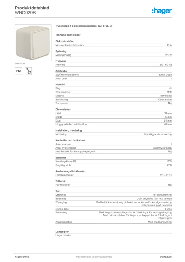 Bild Hager Produktdatablad WNC020B | Hager Sverige