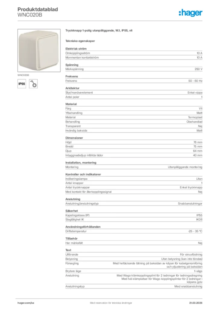Bild Hager Produktdatablad WNC020B | Hager Sverige