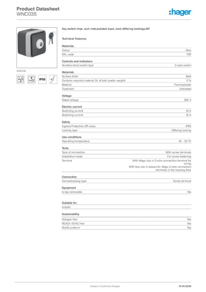Image Hager Product data sheet WNC035  | Hager Africa