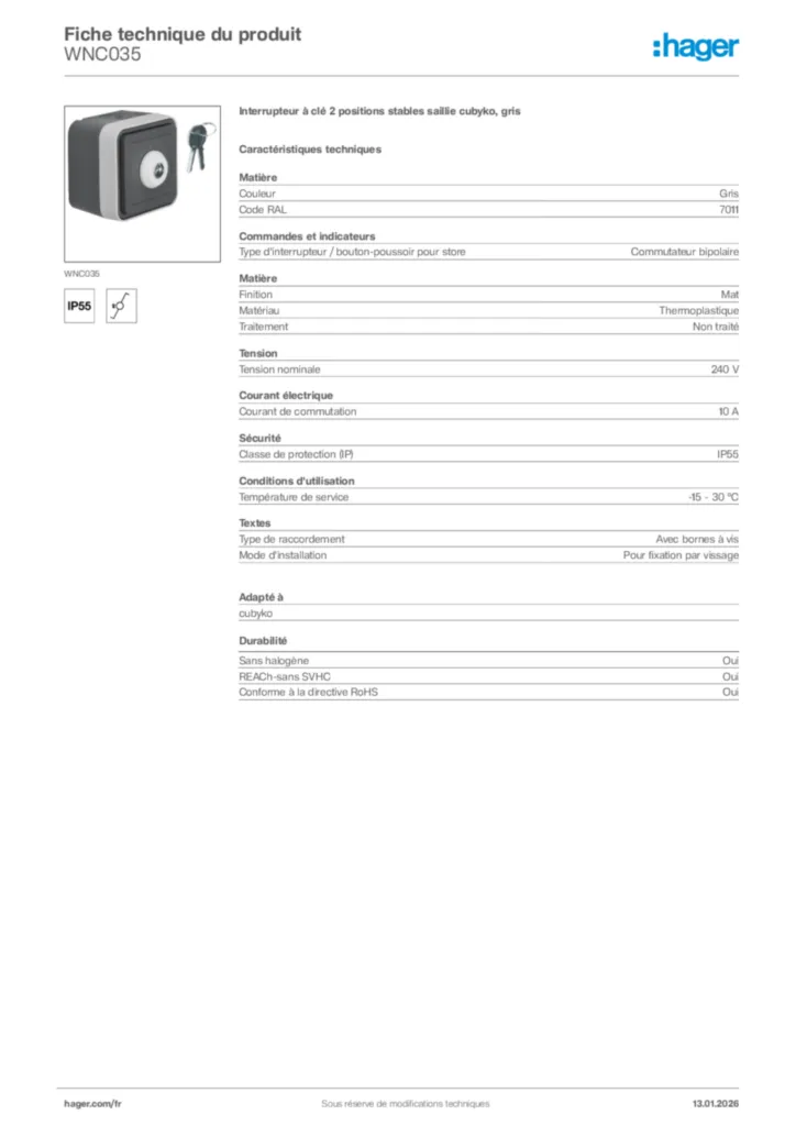 Image Hager Fiche technique du produit WNC035 | Hager France