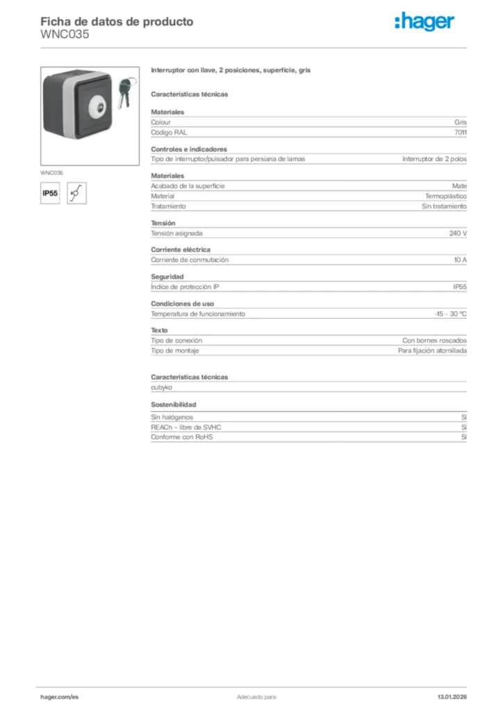Imagen Hager Ficha de datos de producto WNC035 | Hager España