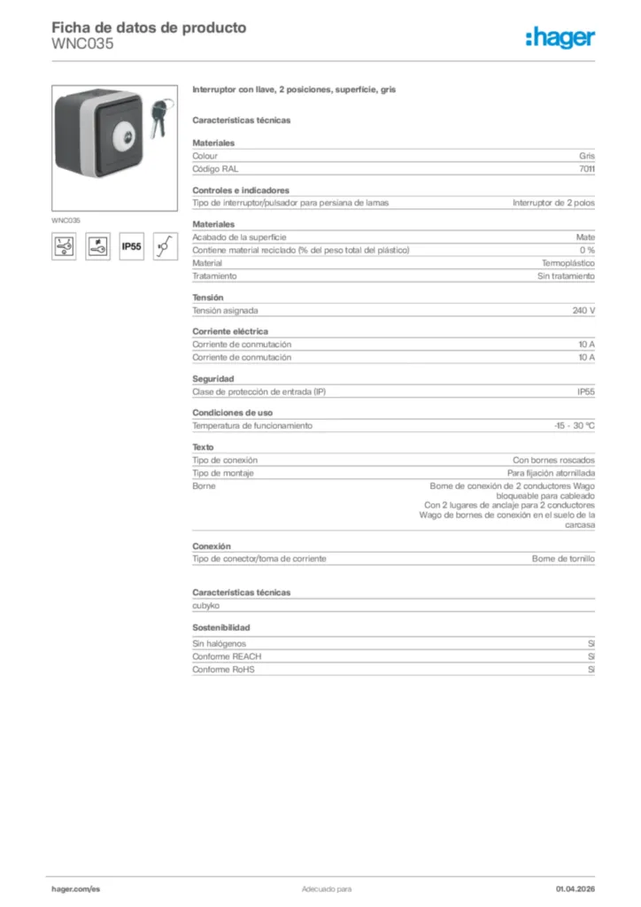 Imagen Hager Ficha de datos de producto WNC035 | Hager España