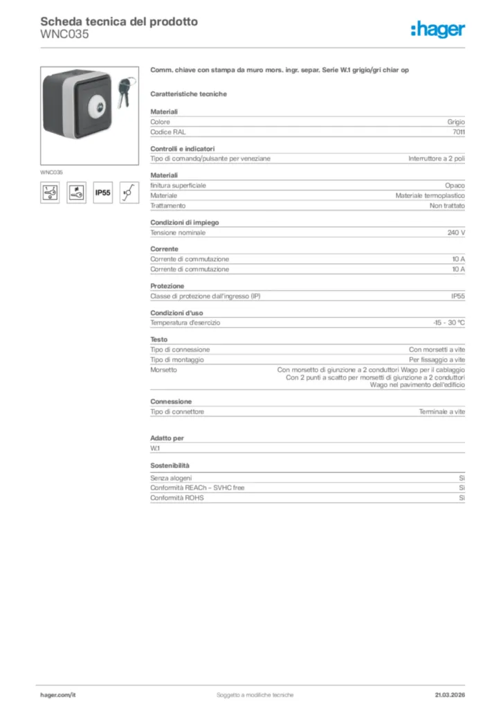 Immagine Hager Scheda tecnica del prodotto WNC035 | Hager Italia