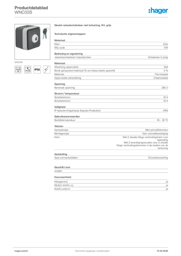 Afbeelding Hager Productdatablad WNC035 | Hager Nederland
