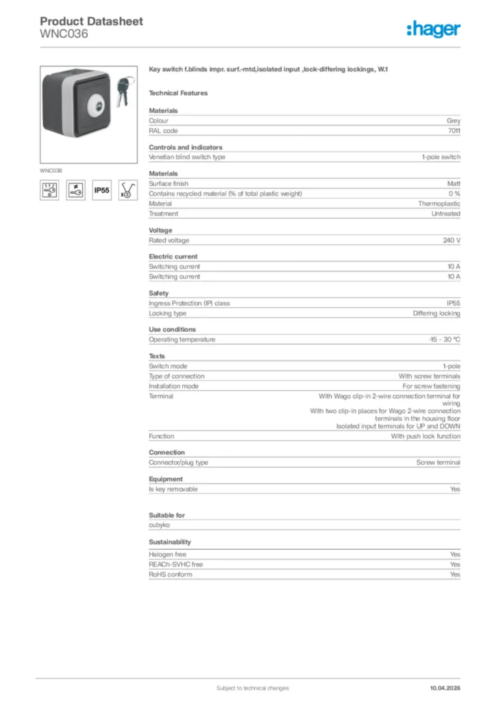 Image Hager Product data sheet WNC036  | Hager Africa