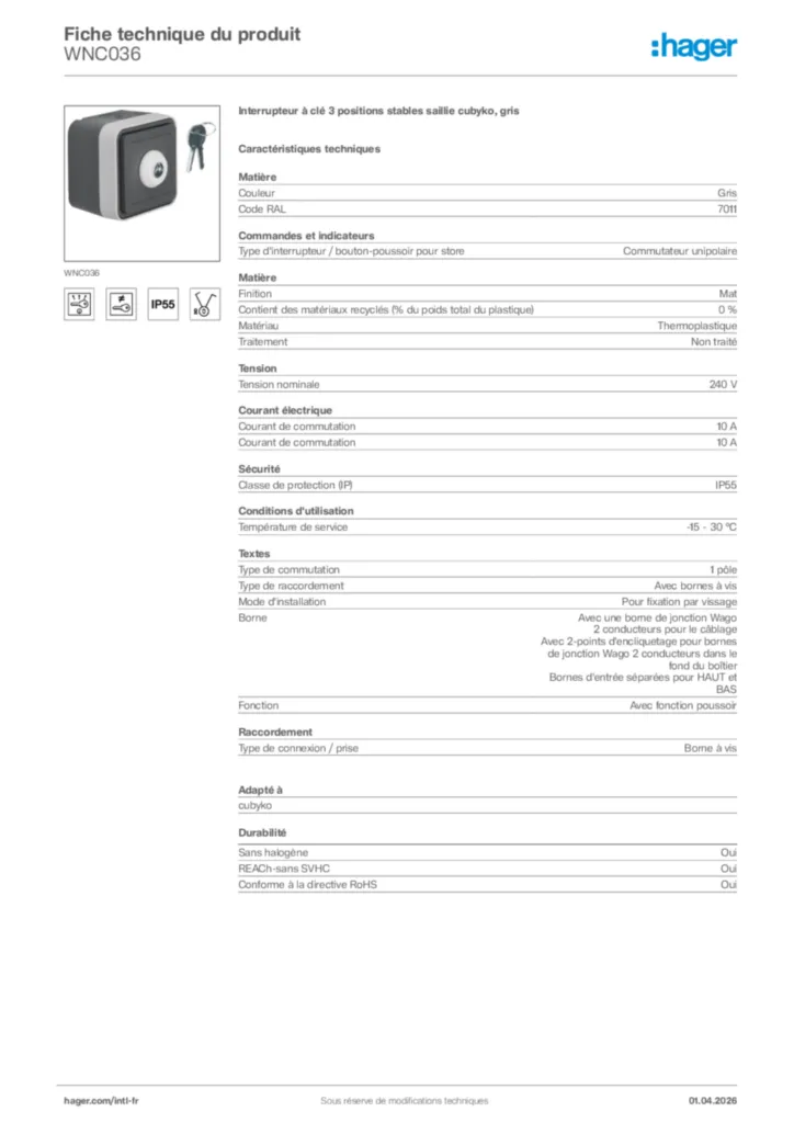 Image Hager Fiche technique du produit WNC036 | Hager Afrique