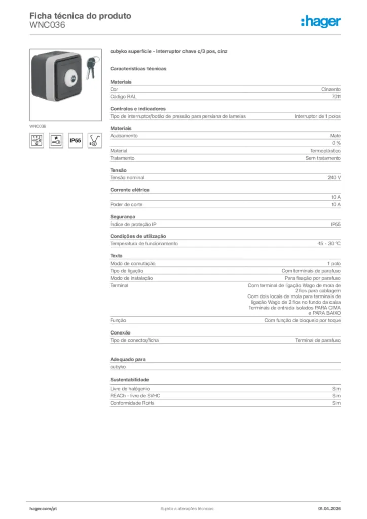 Imagem Hager Ficha técnica do produto WNC036 | Hager Portugal