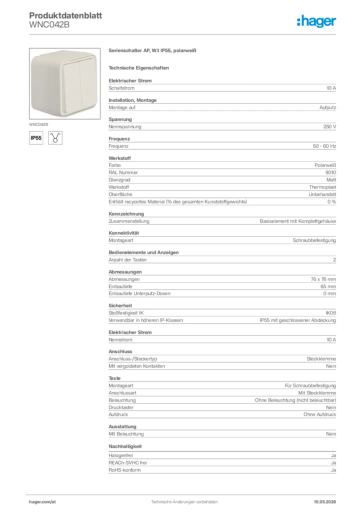 Bild Hager Produktdatenblatt WNC042B | Hager Deutschland