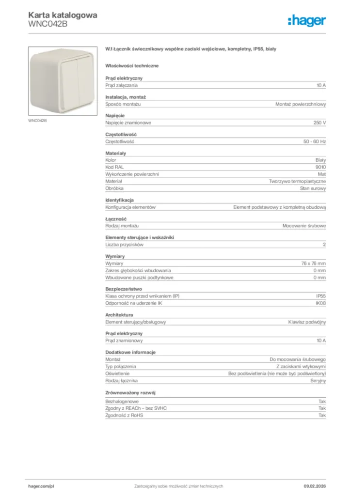 Zdjęcie Hager Karta katalogowa WNC042B | Hager Polska