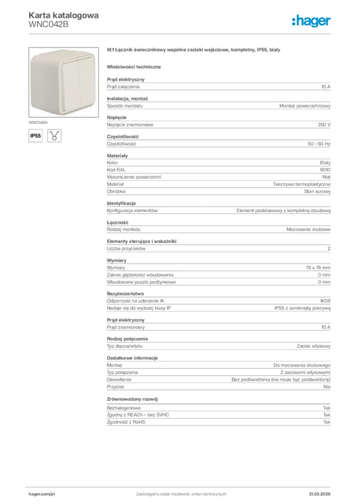 Zdjęcie Hager Karta katalogowa WNC042B | Hager Polska