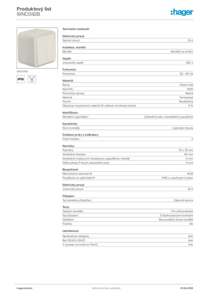 Obrázek Hager Product data sheet WNC042B | Hager