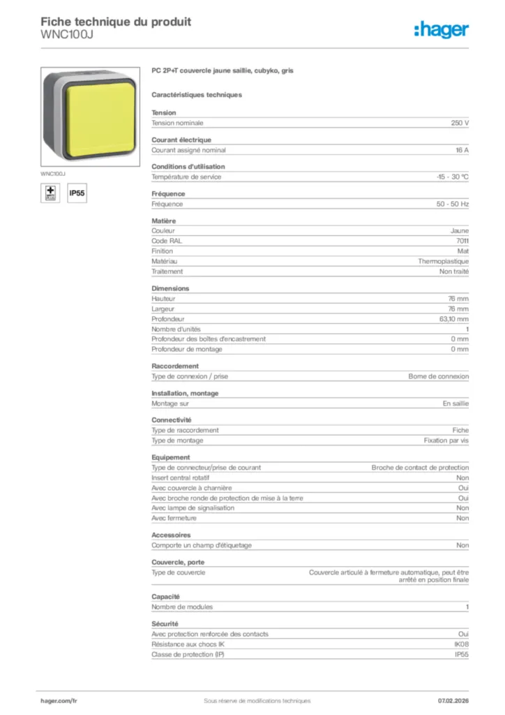 Image Hager Fiche technique du produit WNC100J | Hager France