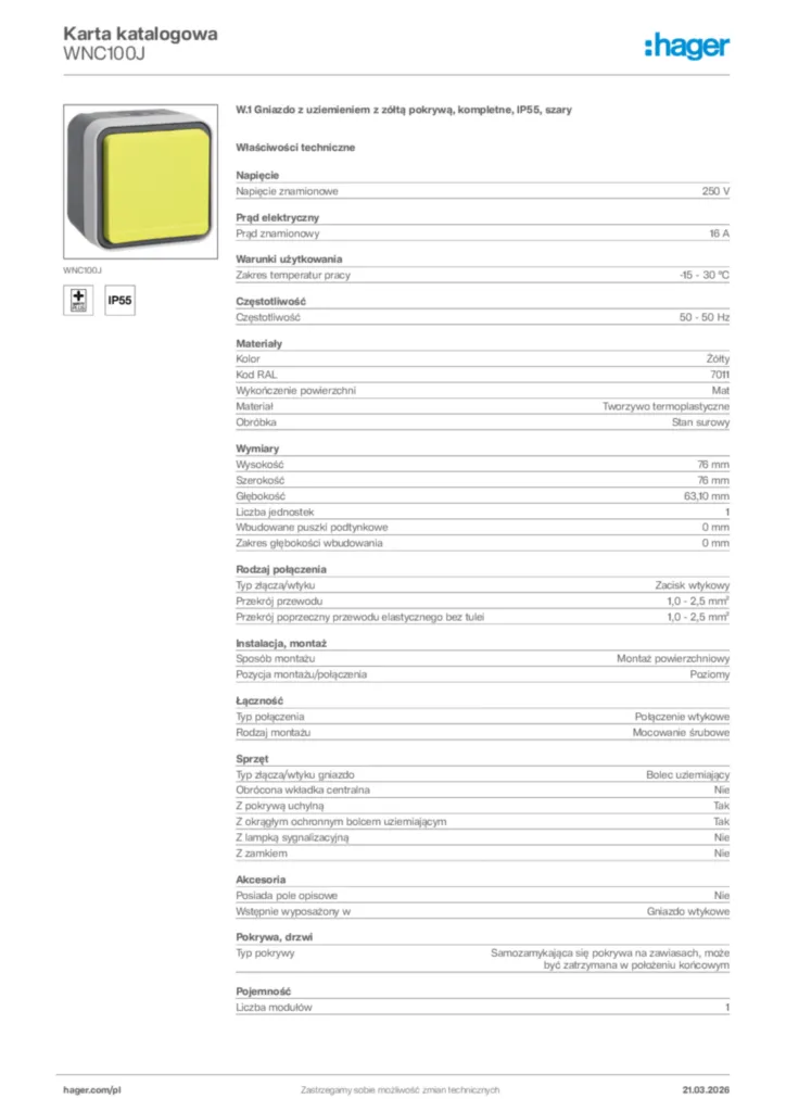 Zdjęcie Hager Karta katalogowa WNC100J | Hager Polska