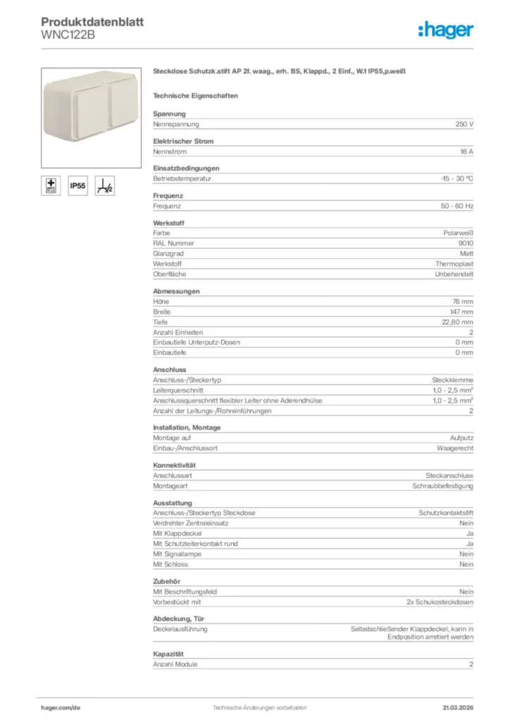 Bild Hager Produktdatenblatt WNC122B | Hager Deutschland