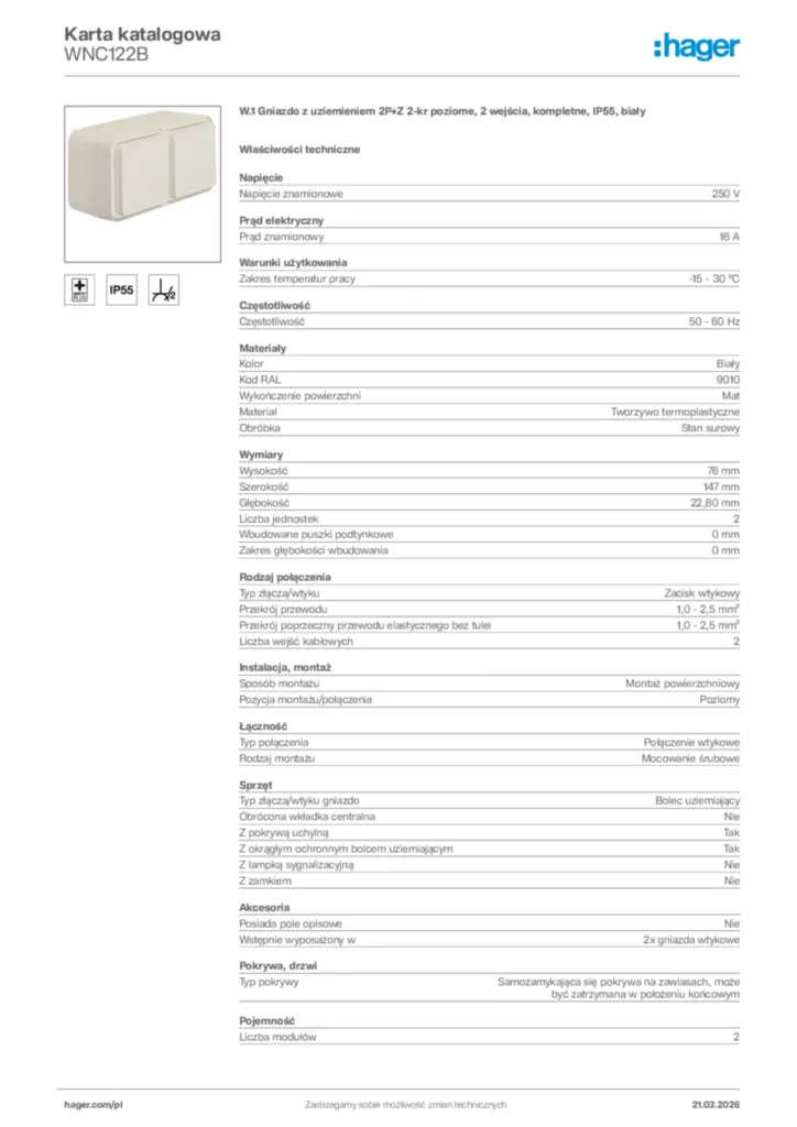 Zdjęcie Hager Karta katalogowa WNC122B | Hager Polska