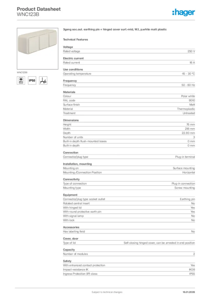 Image Hager Product data sheet WNC123B  | Hager Africa
