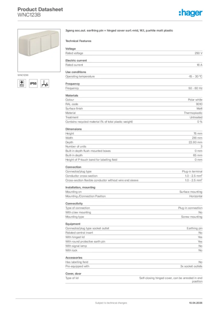 Image Hager Product data sheet WNC123B  | Hager Africa