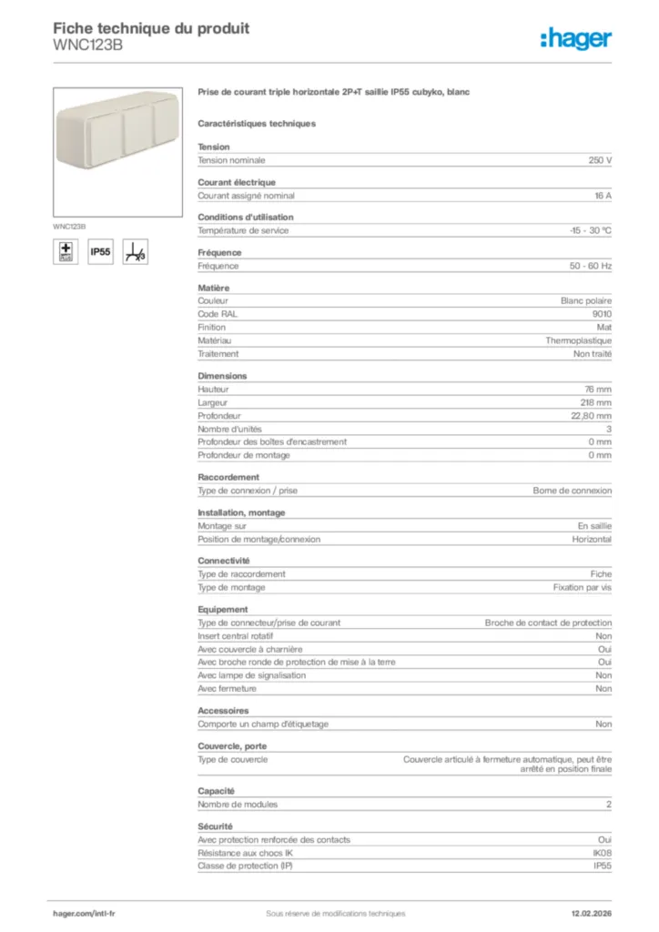 Image Hager Fiche technique du produit WNC123B | Hager Afrique