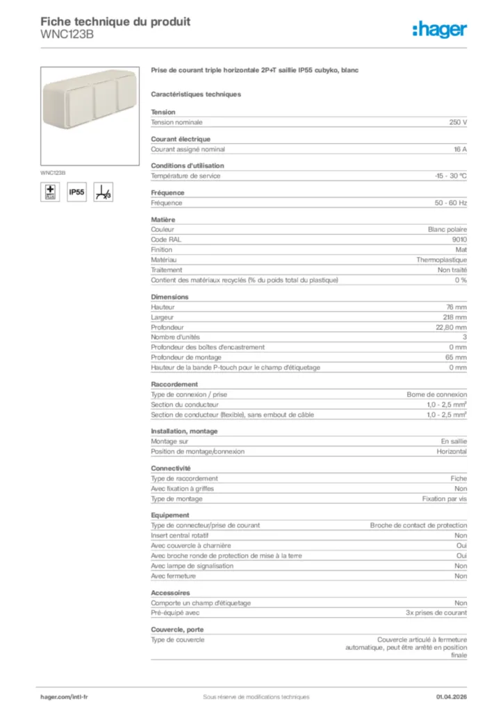Image Hager Fiche technique du produit WNC123B | Hager Afrique