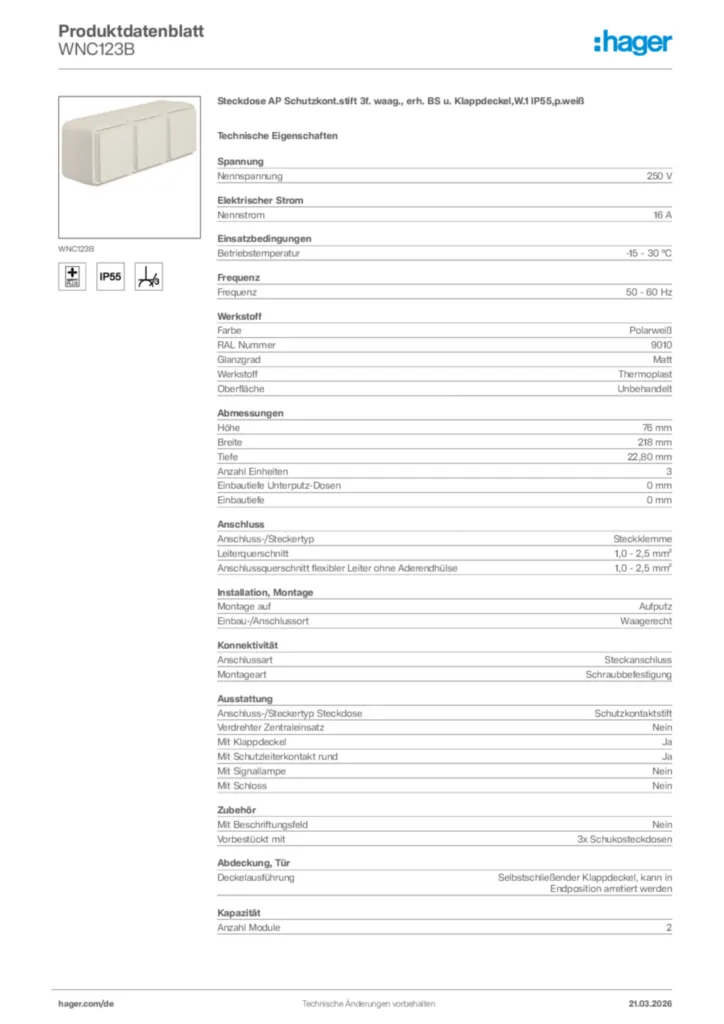 Bild Hager Produktdatenblatt WNC123B | Hager Deutschland