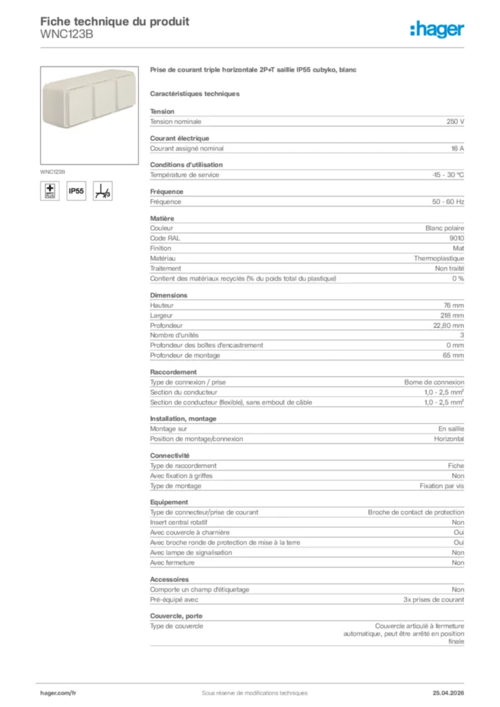 Image Hager Fiche technique du produit WNC123B | Hager France
