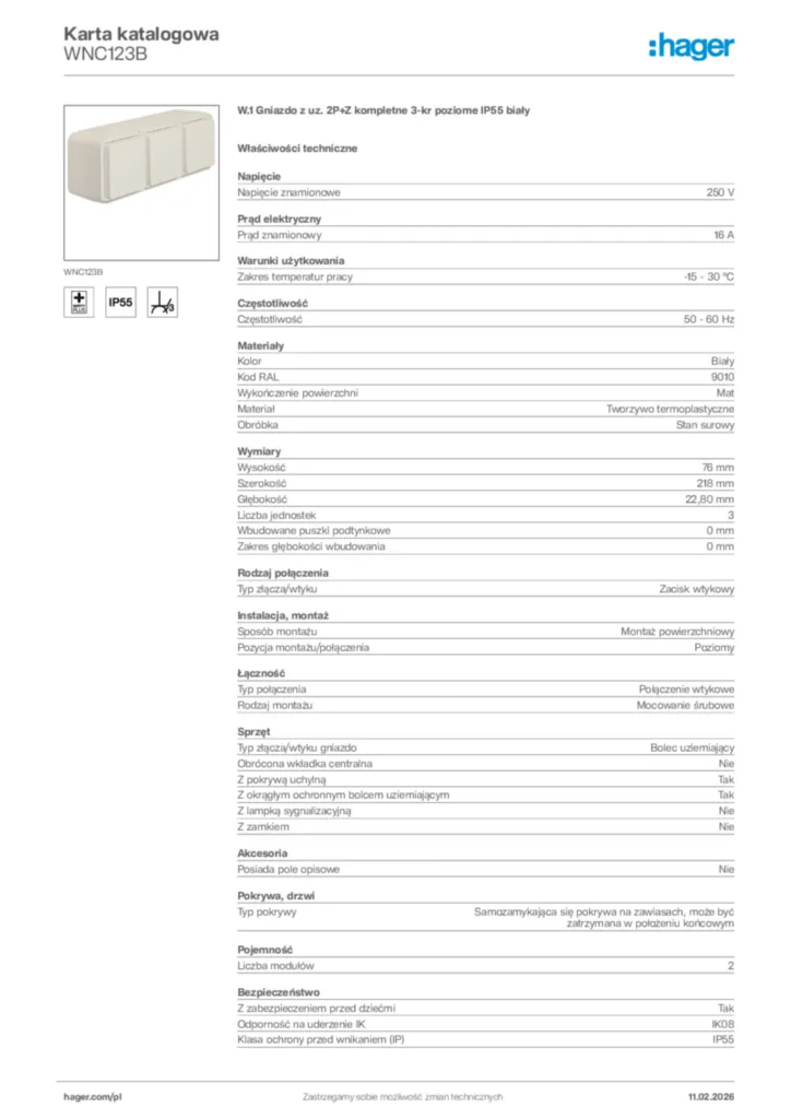 Zdjęcie Hager Karta katalogowa WNC123B | Hager Polska