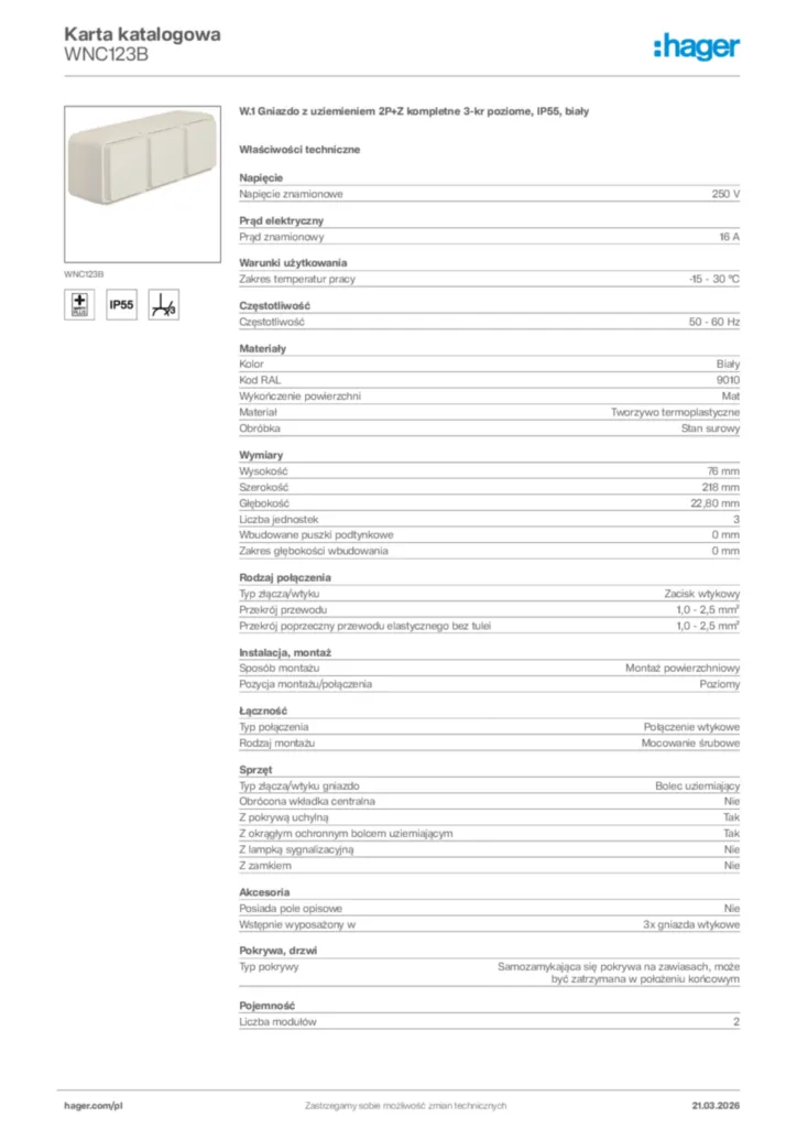 Zdjęcie Hager Karta katalogowa WNC123B | Hager Polska