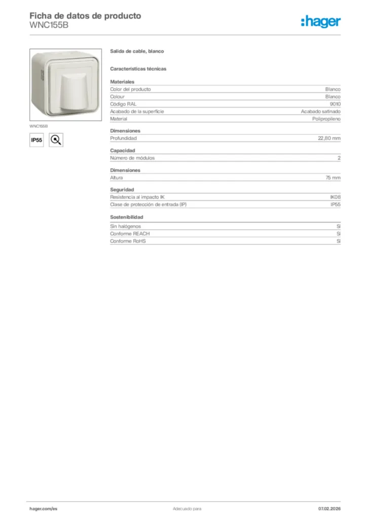 Imagen Hager Ficha de datos de producto WNC155B | Hager España