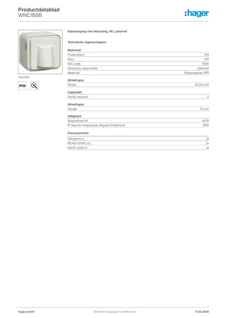 Afbeelding Hager Productdatablad WNC155B | Hager Nederland
