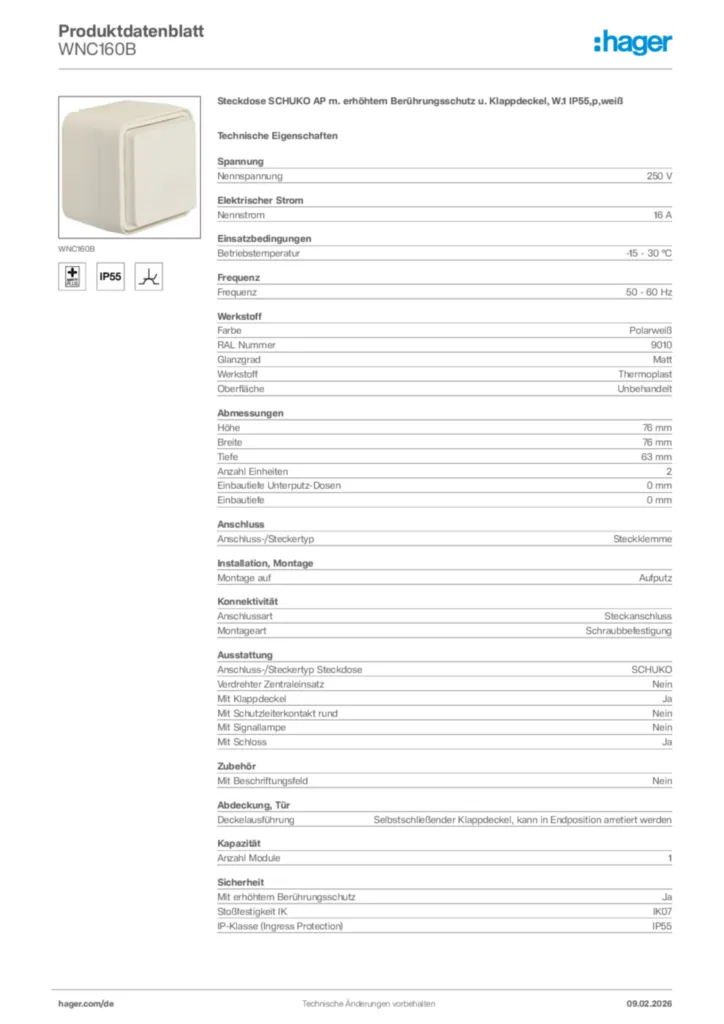 Bild Hager Produktdatenblatt WNC160B | Hager Deutschland