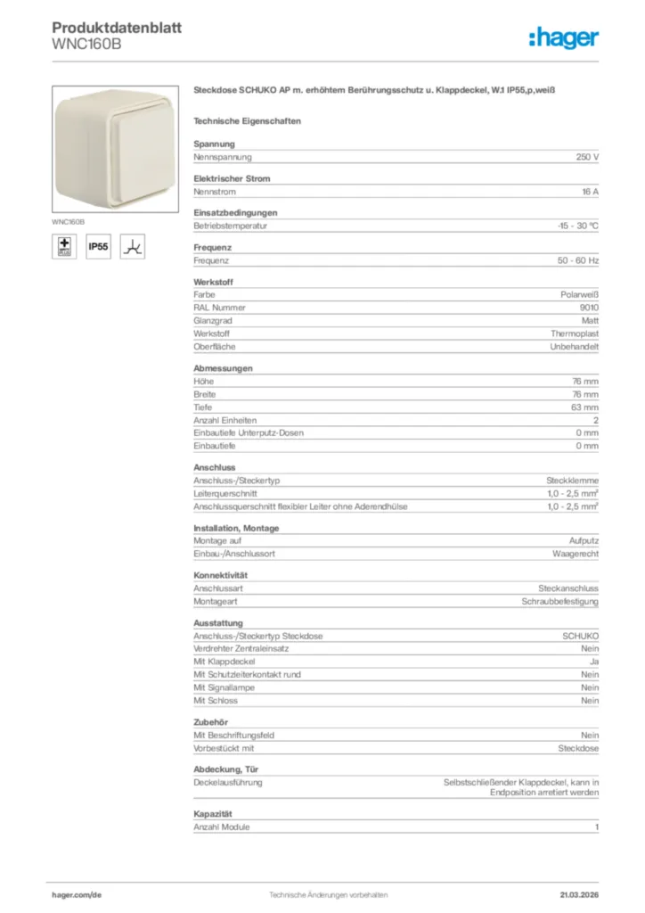 Bild Hager Produktdatenblatt WNC160B | Hager Deutschland