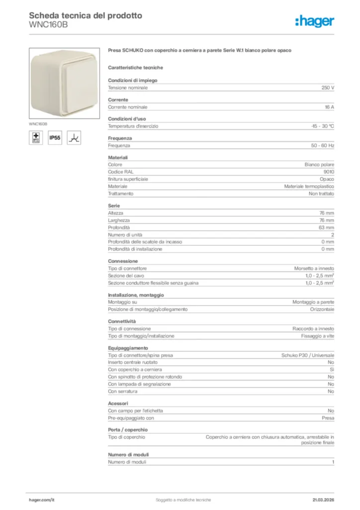 Immagine Hager Scheda tecnica del prodotto WNC160B | Hager Italia