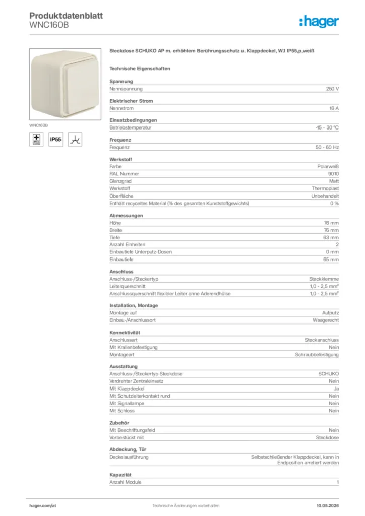 Bild Hager Produktdatenblatt WNC160B | Hager Deutschland