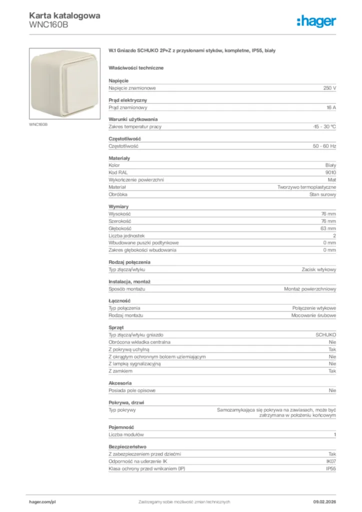 Zdjęcie Hager Karta katalogowa WNC160B | Hager Polska