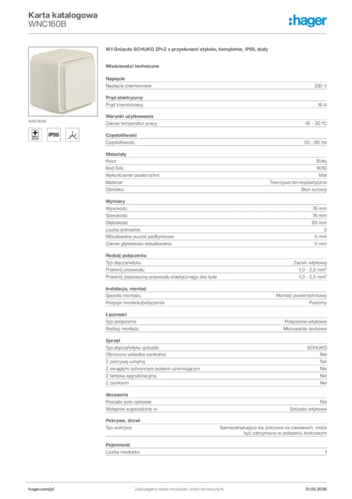 Zdjęcie Hager Karta katalogowa WNC160B | Hager Polska