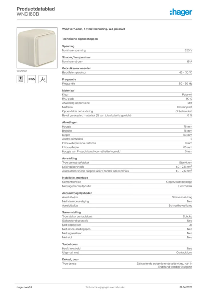 Afbeelding Hager Productdatablad WNC160B | Hager Nederland