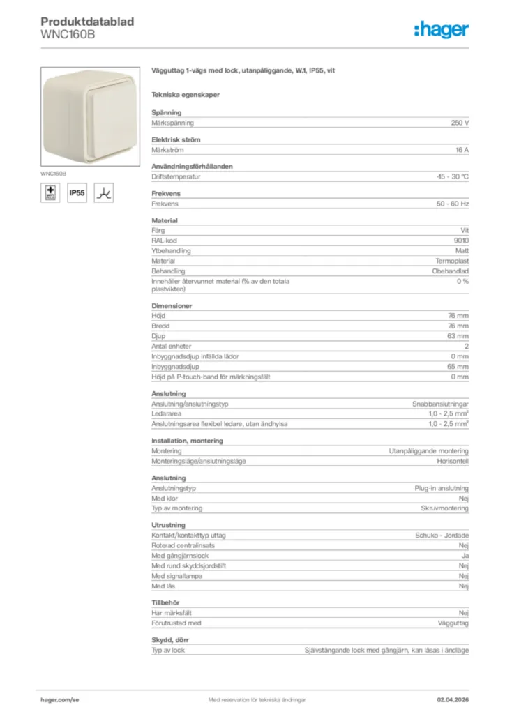 Bild Hager Produktdatablad WNC160B | Hager Sverige